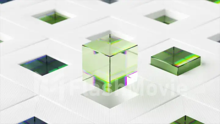 Abstract concept. Multi-colored glass cubes emerge from square cells on a white glossy surface. 3d illustration