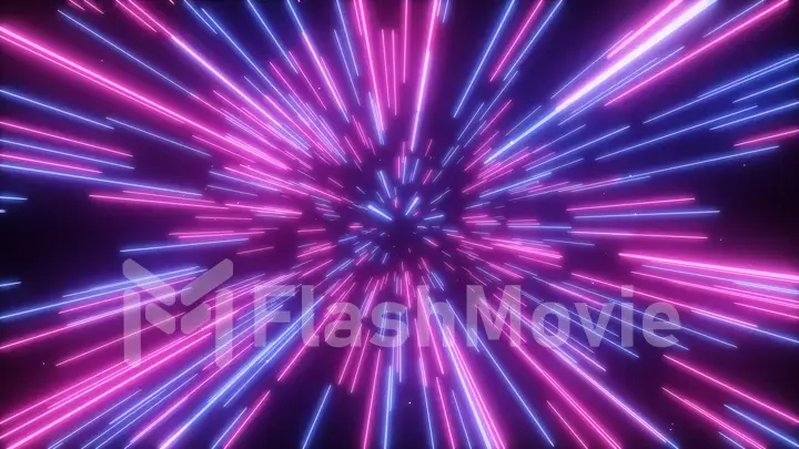 3d illustration of abstract creative cosmic background. Hyper jump into another galaxy. Speed of light, neon glowing rays in motion. Beautiful fireworks, colorful explosion, big bang.
