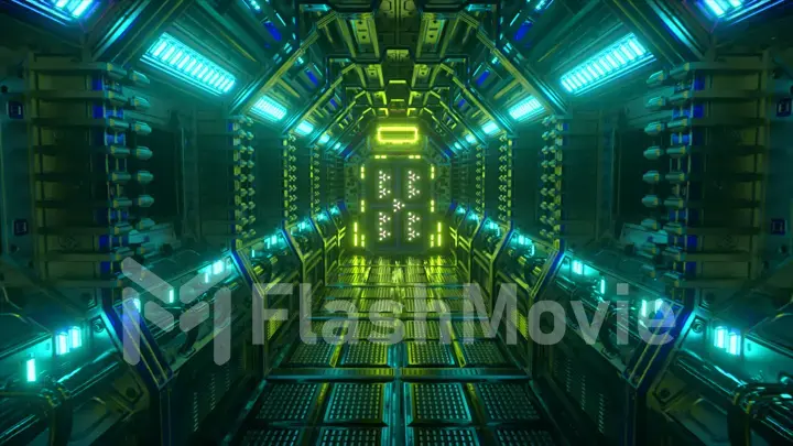 Flying in a spaceship tunnel, a sci-fi shuttle corridor. Futuristic abstract technology. Technology and future concept. Flashing light. 3d illustration