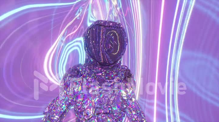 An astronaut in a diamond suit walks against the backdrop of pink and blue glowing neon lines. 3d animation