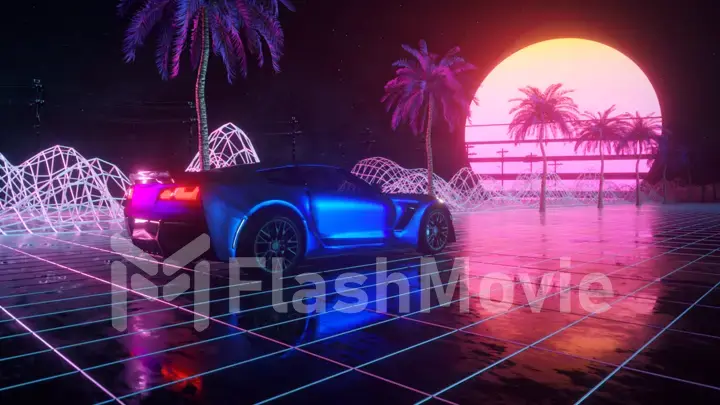 80s retro background 3d illustration. Futuristic car drive through neon abstract space.