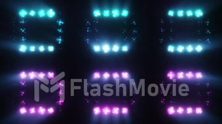 Colorful flashing of multicolored spotlights of light bulbs on the texture of squares. Seamless loop 4k animation