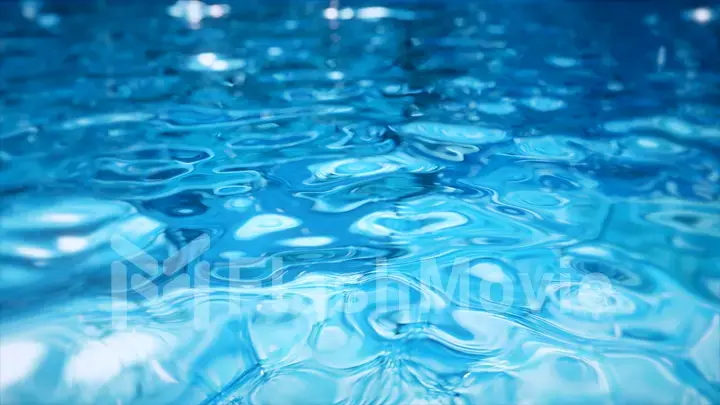 Pure blue water in the pool with light reflections. Water droplets falling to the surface. 3d illustration