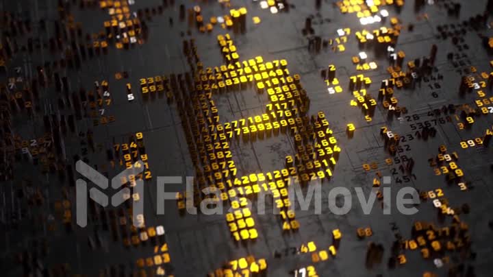 Bitcoin logo in the form of a microcircuit. Cryptocurrency transactions. Blockchain. Black gold color. 3d animation