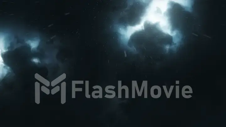 Brightly sparkling lightning breaks through the dense storm clouds in the night. Epic flash of lightning in the sky in the rain. Rain spray fly into the camera. 3d illustration
