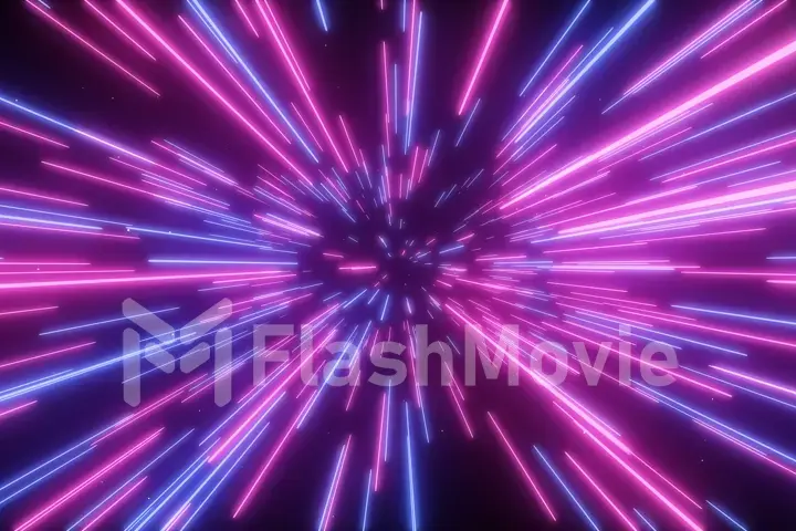 3d illustration of abstract creative cosmic background. Hyper jump into another galaxy. Speed of light, neon glowing rays in motion. Beautiful fireworks, colorful explosion, big bang.