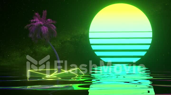 Retro futuristic background. Palm tree and neon sunset in the ocean. Green blue color. 3d animation of seamless loop