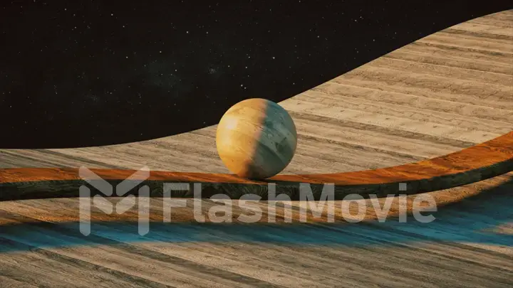 A wooden ball rolling along a wooden geometry on a cosmic background. Smooth light, realistic dynamics. 3d illustration