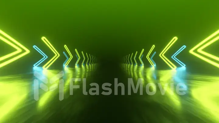 Fast flight in space with the direction of movement of the neon arrows. Abstract laser background. 3d illustration