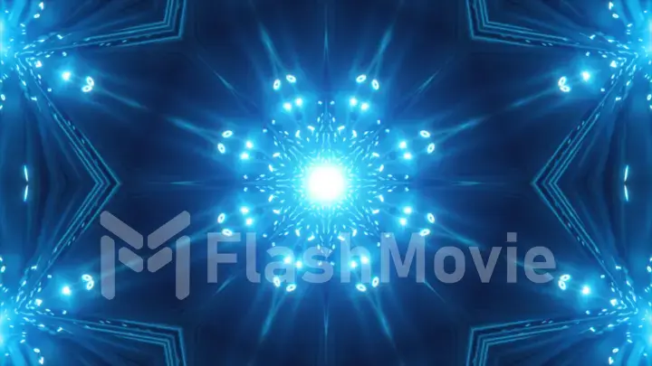 VJ Fractal blue kaleidoscopic background.Background blue motion with fractal design on black background. Disco spectrum lights concert spot bulb. Light Tunnel. 3d illustration