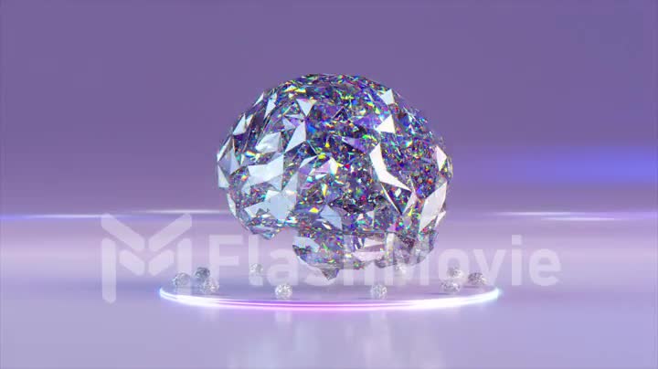 Abstract concept. Large diamond brains rotate on the platform. Blue white color. 3d animation of seamless loop