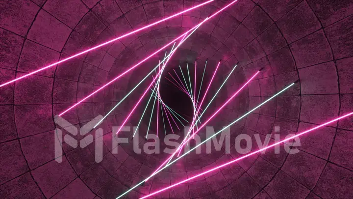 Flying in a concrete tunnel with neon lighting. Halogen lamps. Abstract background. Modern pink white light spectrum. 3d illustration