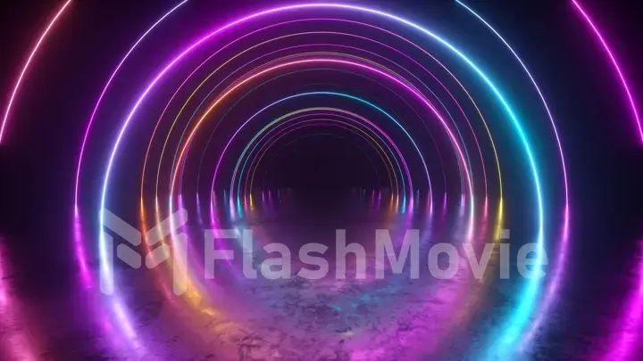 Infinity flight inside tunnel, neon light abstract background, round arcade, portal, rings, circles, virtual reality, ultraviolet spectrum, laser show, metal floor reflection. 3d illustration