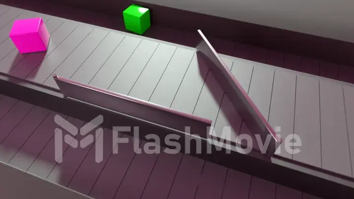 The concept of sorting and distributing goods. The colorful boxes move along the conveyor belt of the distribution center. 3d illustration