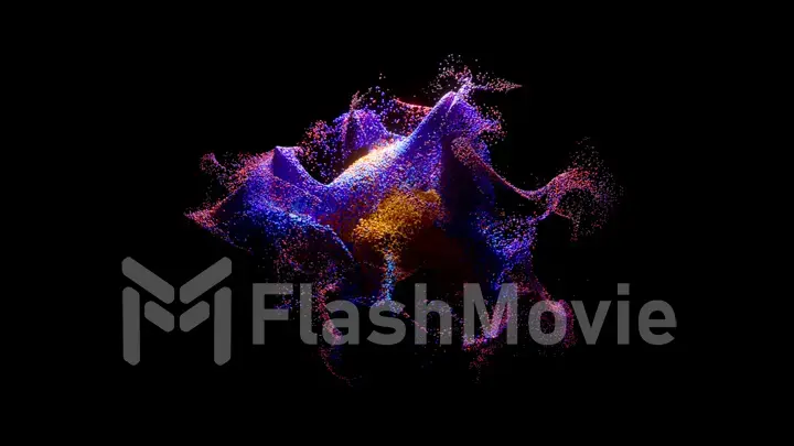 Whirlwind of colored particles on a black isolated background. Video animation with surreal liquid color mixing splash