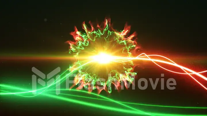 Red and green light streak breaks out on a black background with smoke and light particles and explode in space when interacting with each other 3d illustration