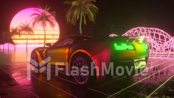 80s retro background 3d illustration. Futuristic car drive through neon abstract space.
