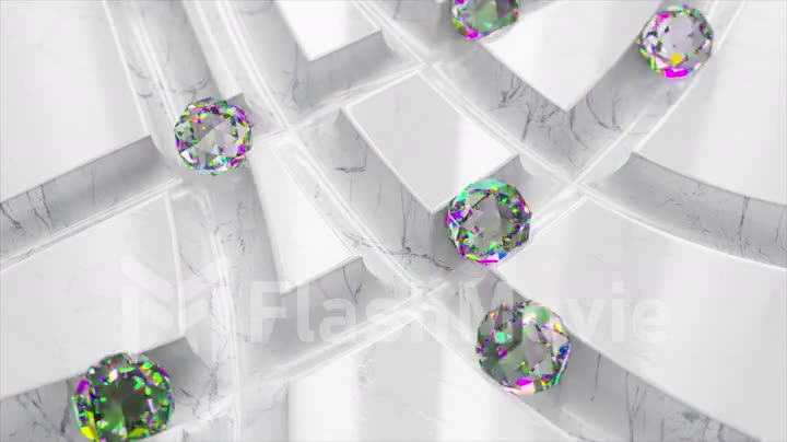 Game concept. Diamond balls roll across the white marble labyrinth. 3d animation of seamless loop