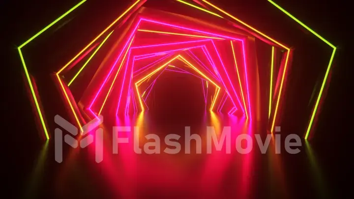 Abstract neon hexagon tunnel technological. Endless swirling animated background. Modern neon light. Bright neon lines sparkle and move forward. 3d illustration