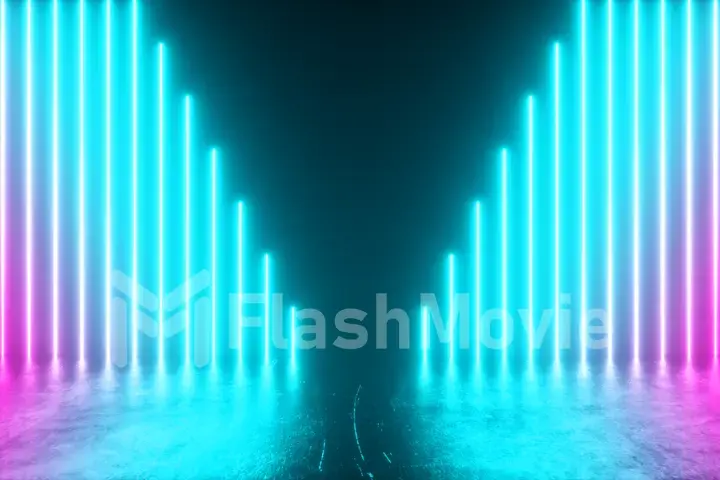 Futuristic scene with bright neon tubes descending into an iron metal floor with reflections and scratches. Multicolored spectrum. 3d illustration