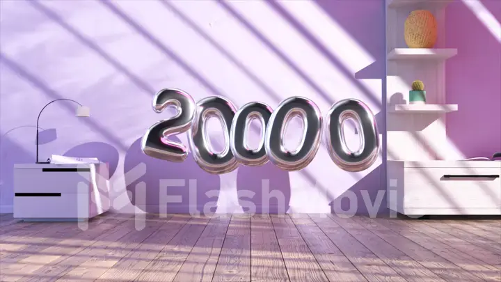 Abstract concept. Balloons silver numbers. Purple room. 20 000. Celebration. Party. 3d illustration