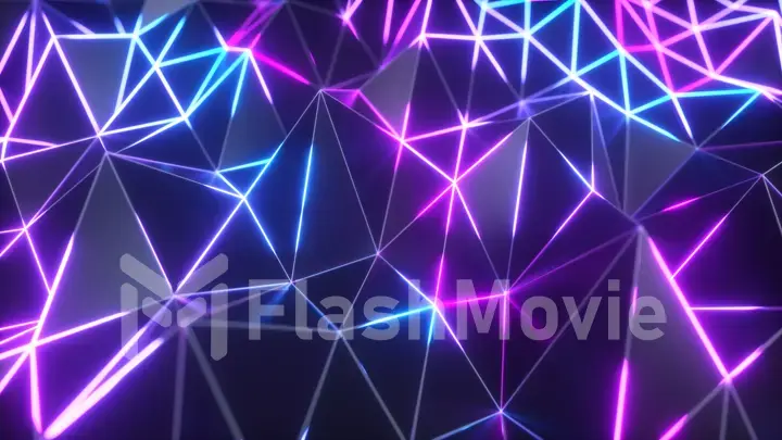 Abstract low polygonal black surface glowing at the edges. 3d illustration technology motion background. Segments of a triangle. Ultraviolet neon wireframe lines in blue violet color spectrum.
