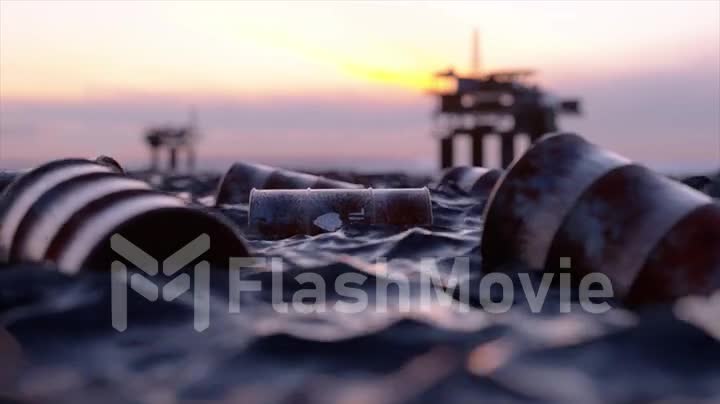Empty oil barrels float on the surface of the oil sea at sunset. Toxic waste. Oil platforms offshore. Oil concept.