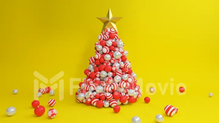 A tree of Christmas balls is growing dynamically on a bright colorful yellow background. 3d illustration