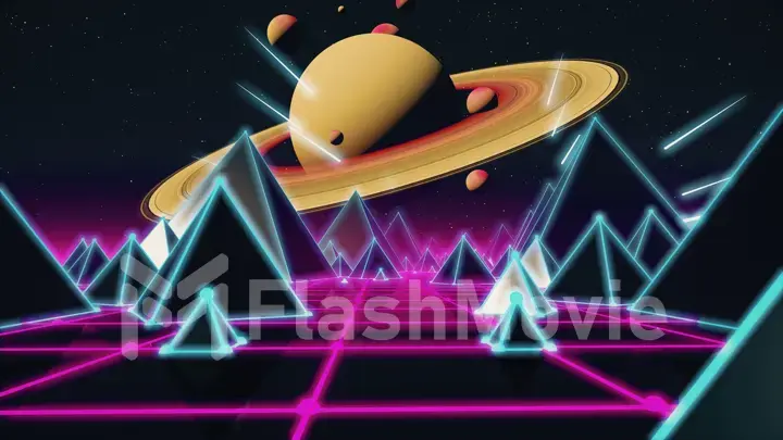 Retro futuristic flight over grid,3d illustration background 80s retro fantasy