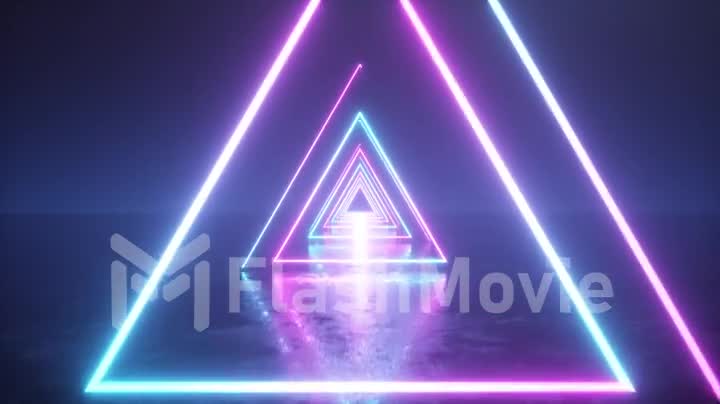 Flying through glowing neon triangles with metal floor