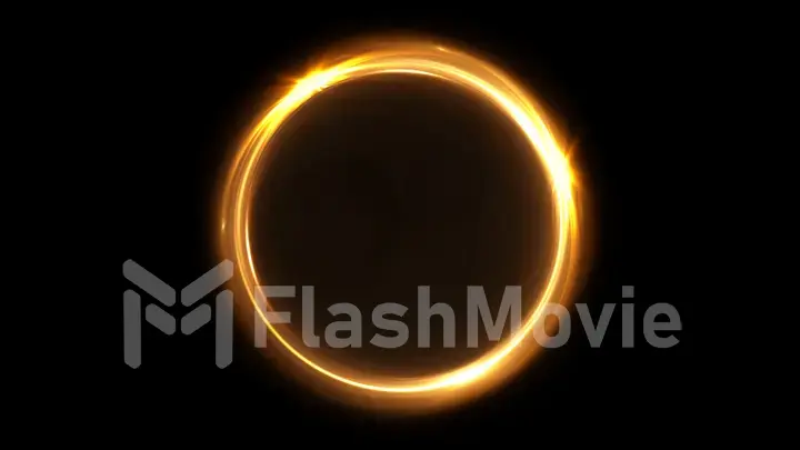 Abstract rotating neon circle in gold color. Luminous ring. Space tunnel. LED color ellipse. 3d illustration. Empty hole. Glow portal. Hot ball. flickering spin.