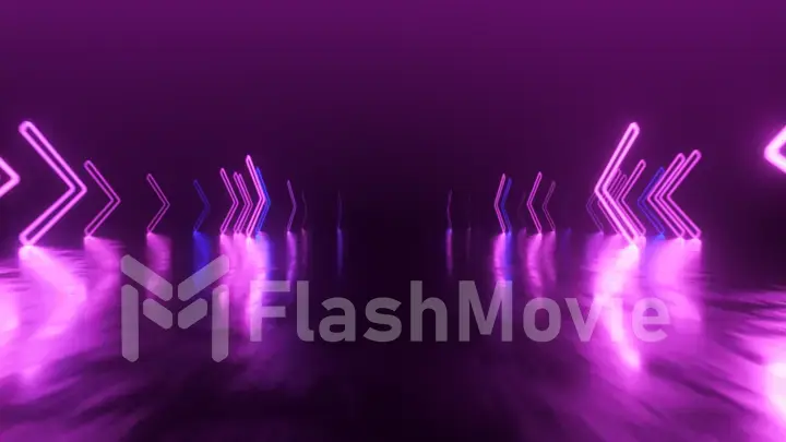 Fast flight in space with the direction of movement of the neon arrows. Abstract laser background. 3d illustration