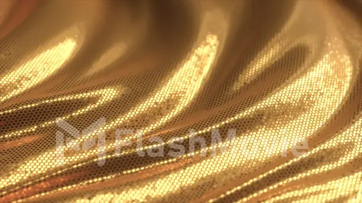 Gold beautiful shiny background of sequins and bokeh. Wavy festive fabric texture with shiny particles close up. 3d illustration