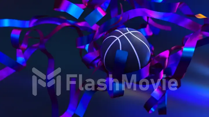 Cluster of blue purple neon ribbons. A blue basketball flies through the ribbons. Slow motion. Abstract background.