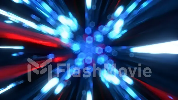 High speed flying lines 3d animation in seamless looping traffic. Laser neon blue red rays on a dark background.