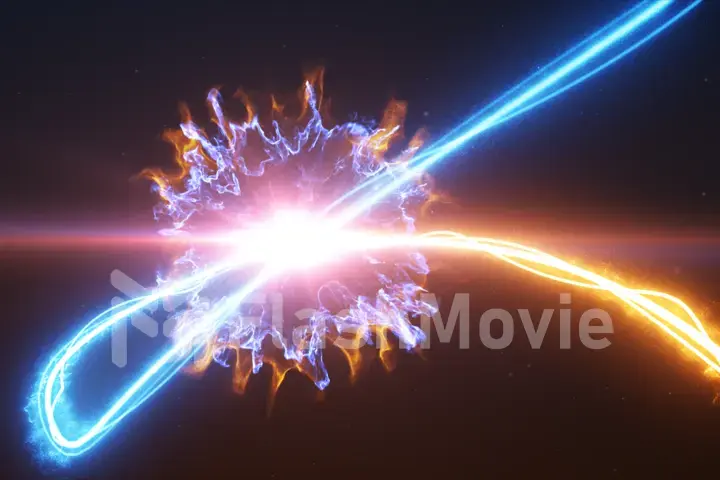 Cold and hot light streak breaks out on a black background with smoke and light particles and explode in space when interacting with each other 3d illustration