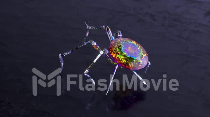 A crystal spider with a large diamond on its back strides across a dark gray uneven surface. 3d animation