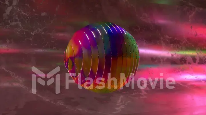 Abstract concept. Flat transparent disks form a sphere. The wave changes the color of the disks. neon light. Rainbow.