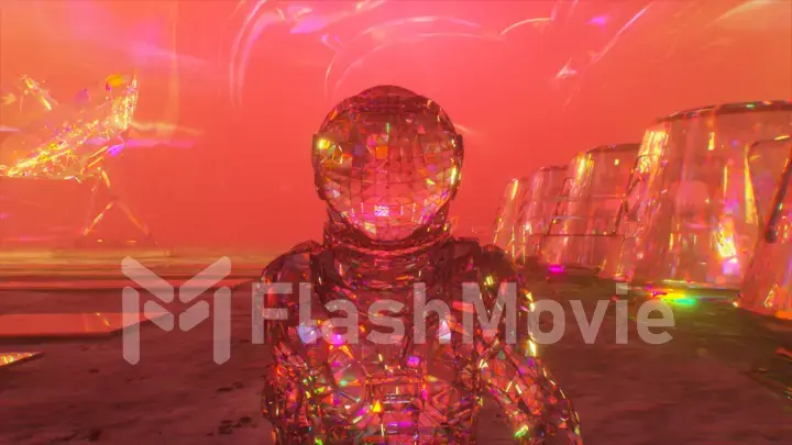 Cosmos concept. A diamond astronaut walks across Mars against the backdrop of a space base. Pink color. 3d Illustration
