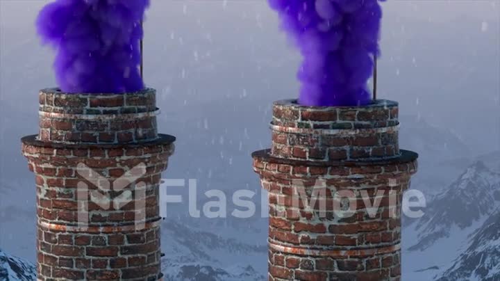 Brick chimney on the against the backdrop of a snowy mountain landscape. Colored smoke. Winter. 3d animation