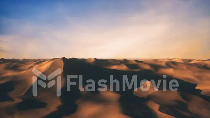 Endless flight in the endless hot desert with dunes and sandy mountains. 3d illustration