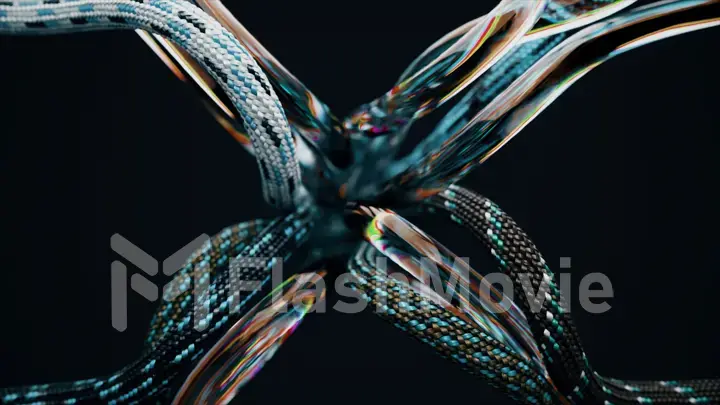 Tangled wires, ropes and transparent tubes move randomly on a black background. Knot, ligament, twisted.