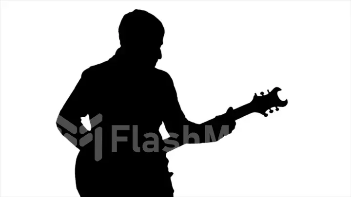 Black silhouette of a man playing the guitar on a white background