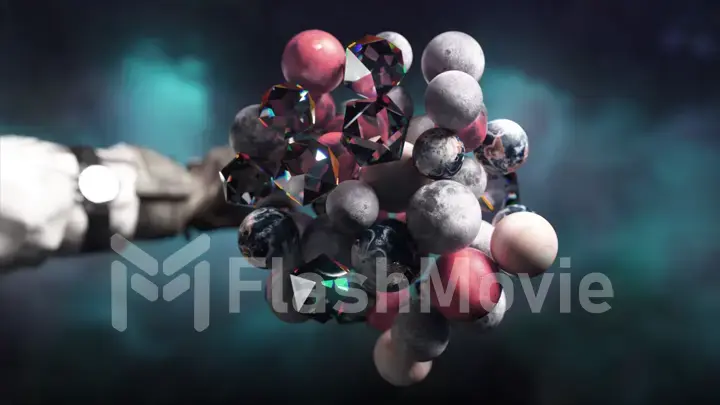 3D visualization of space objects grouped together under the force of gravity. Planets. Diamonds. The astronaut's hand