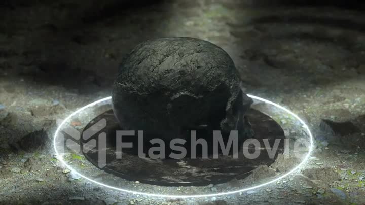 A stone skull flips over on a black marble platform. Slavery and imprisonment concept. 3d animation of seamless loop