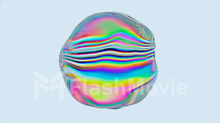 A ball of liquid rainbow substance on a blue background. The surface of the ball moves and changes color.