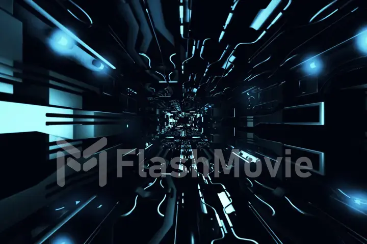 Fly inside of futuristic metallic corridor 3d rendering