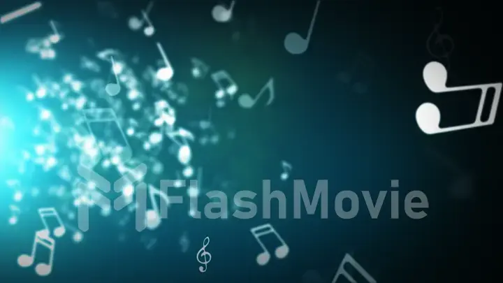 Floating musical notes on an abstract blue background with flares 3d illustration