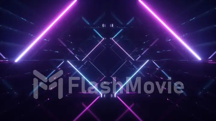 Abstract flying in futuristic corridor background, fluorescent ultraviolet light, mirror lines laser neon lines, geometric endless tunnel, 3d illustration, blue pink spectrum