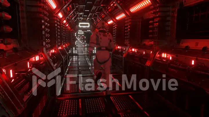 Astronaut runs through a tunnel to another compartment of the space gate. Spaceship and technology concept. 3d illustration